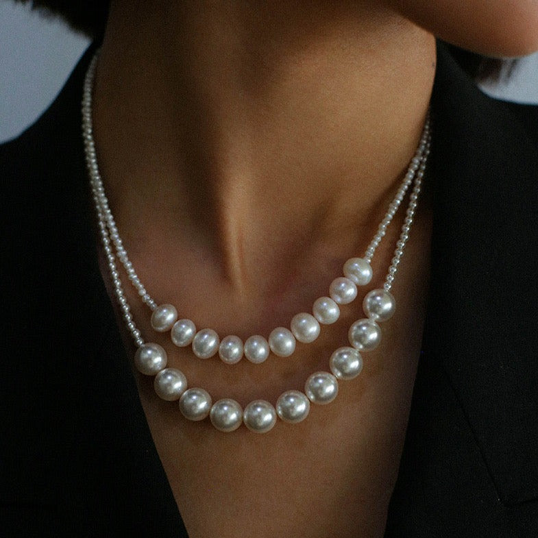 Super-Slim Freshwater Pearl Double Strand Emerald Layer Necklace